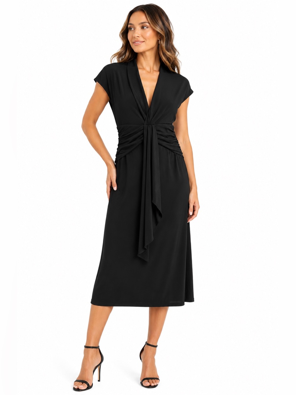 BEBE Paris Black Ruched Deep V-Neck Midi Dress Size M NWT